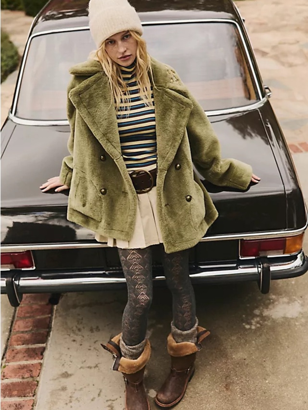 Free People Moss Green Teddy Faux Fur Double-Breasted Coat